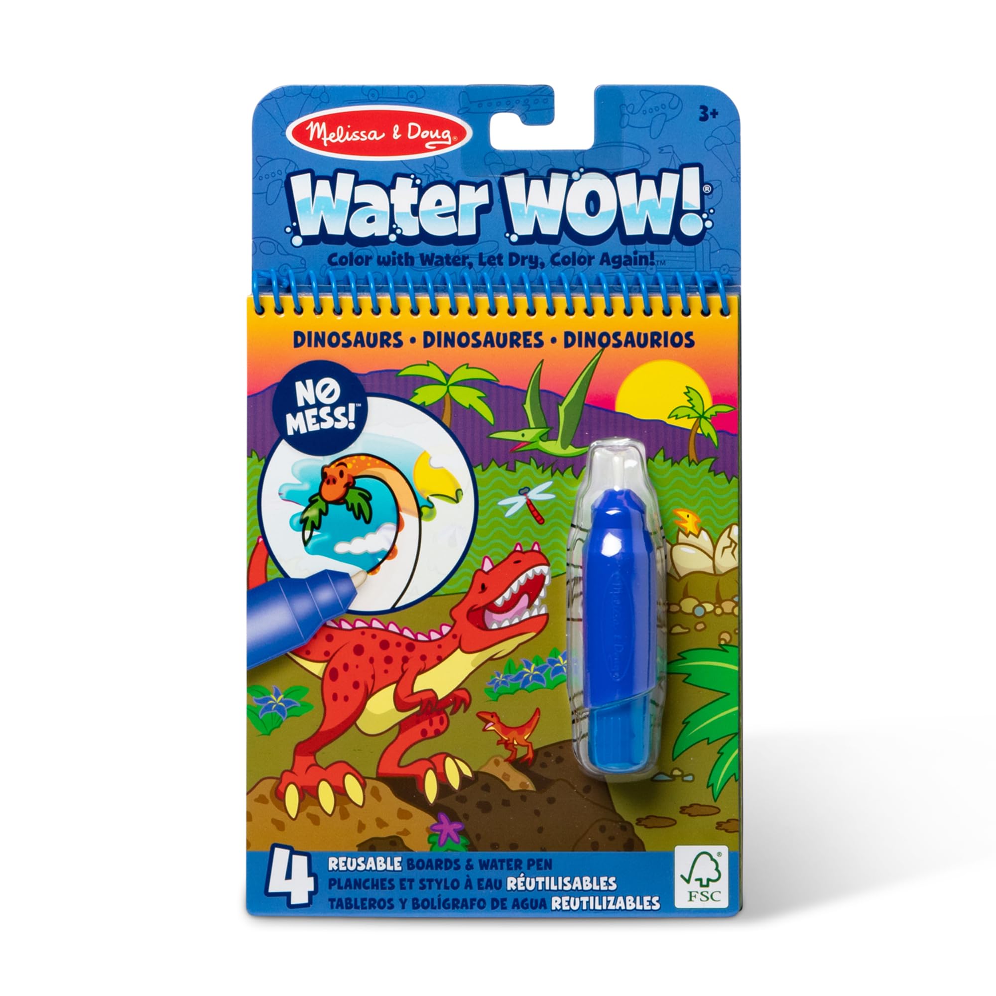 Melissa & Doug front cover showing dinosaur scene and compact size benefit