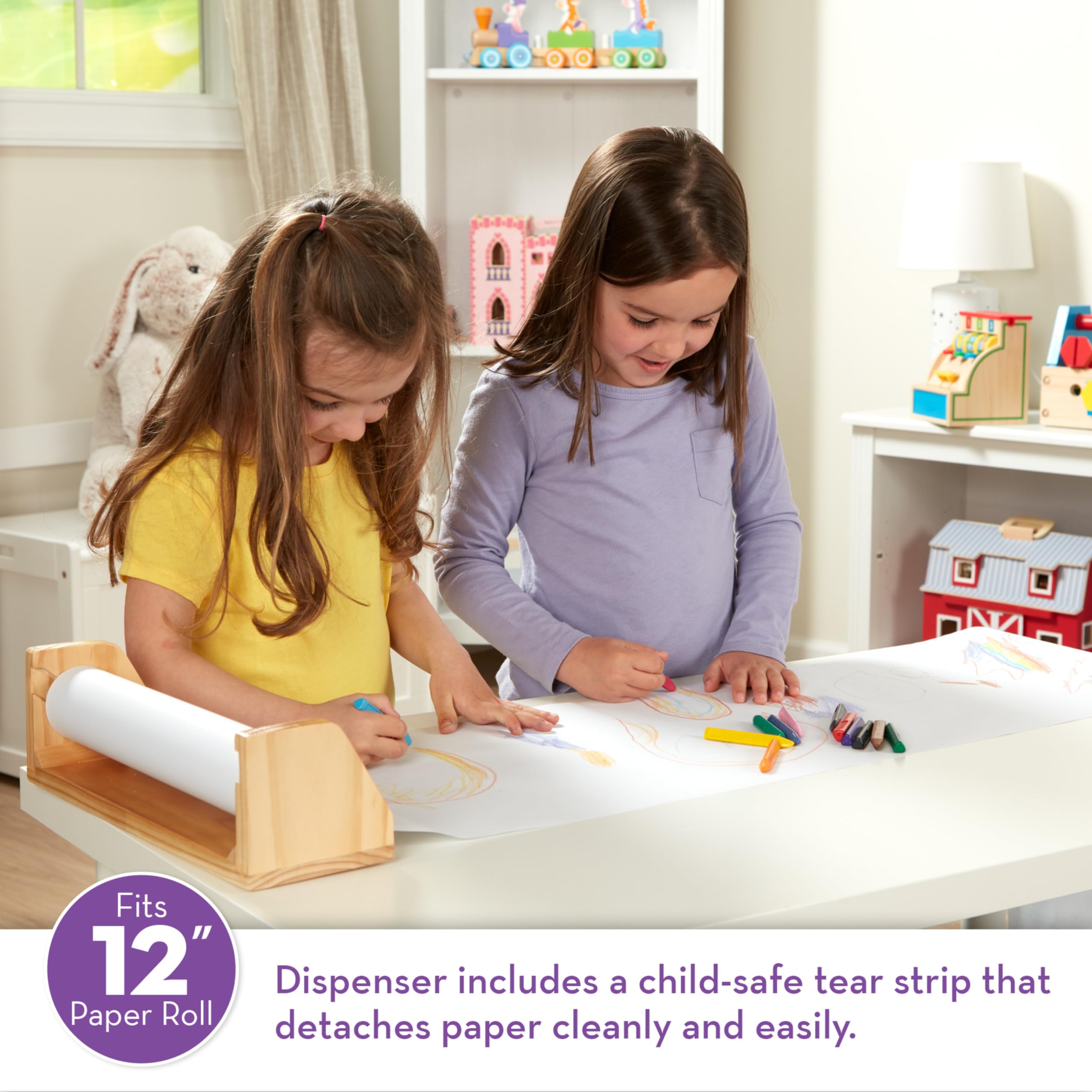 Melissa & Doug white bond paper roll loaded in dispenser supports long drawing sessions.