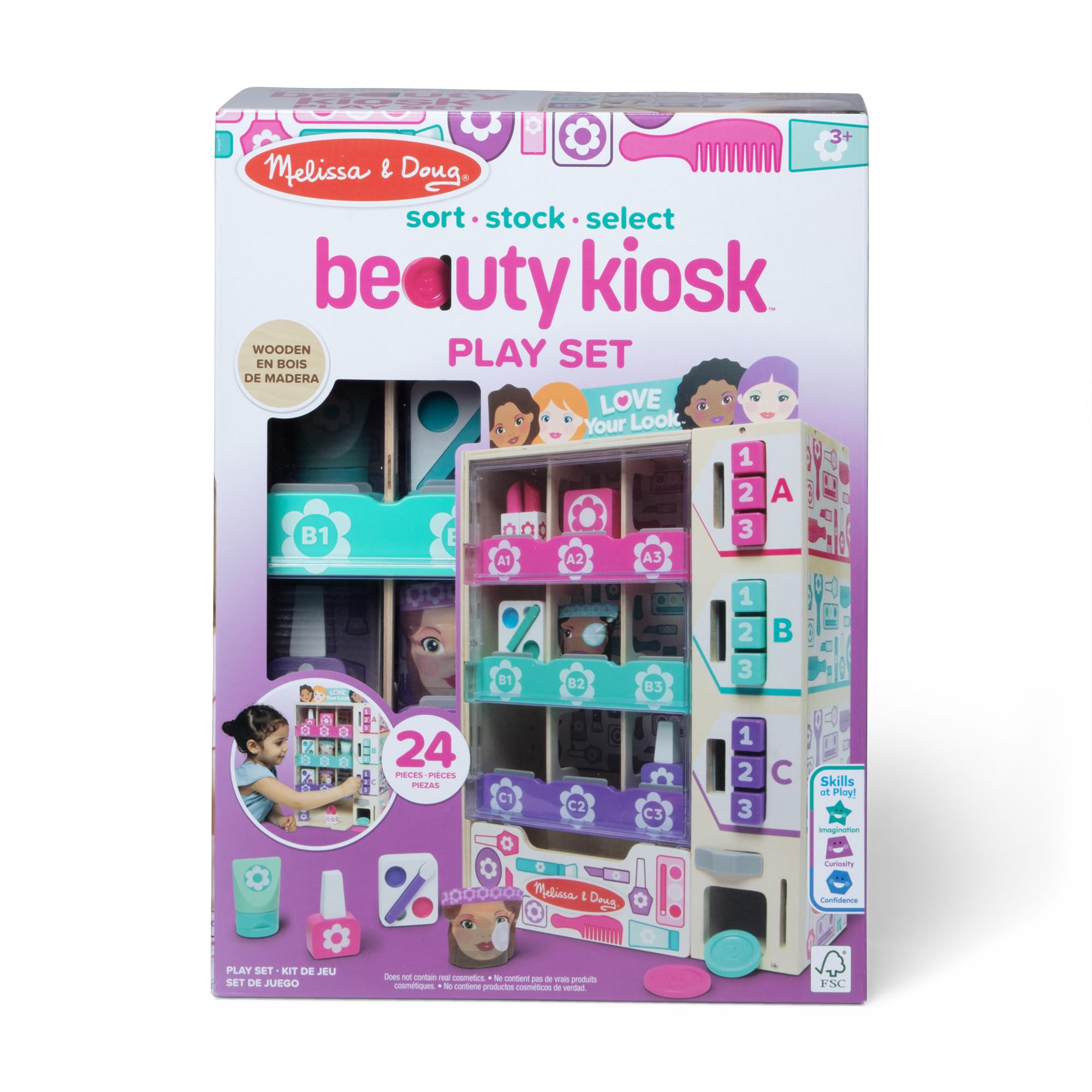 Melissa & Doug close-up of wooden lipsticks and nail polish pieces showing safe pretend-play benefit