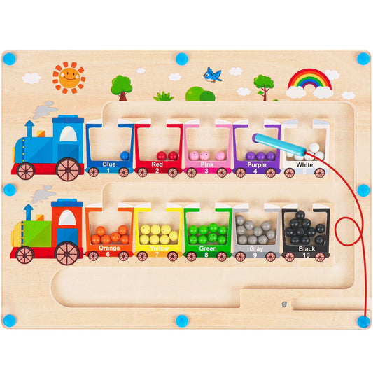 Melofaver magnetic color-number maze on wooden track supports color matching and counting