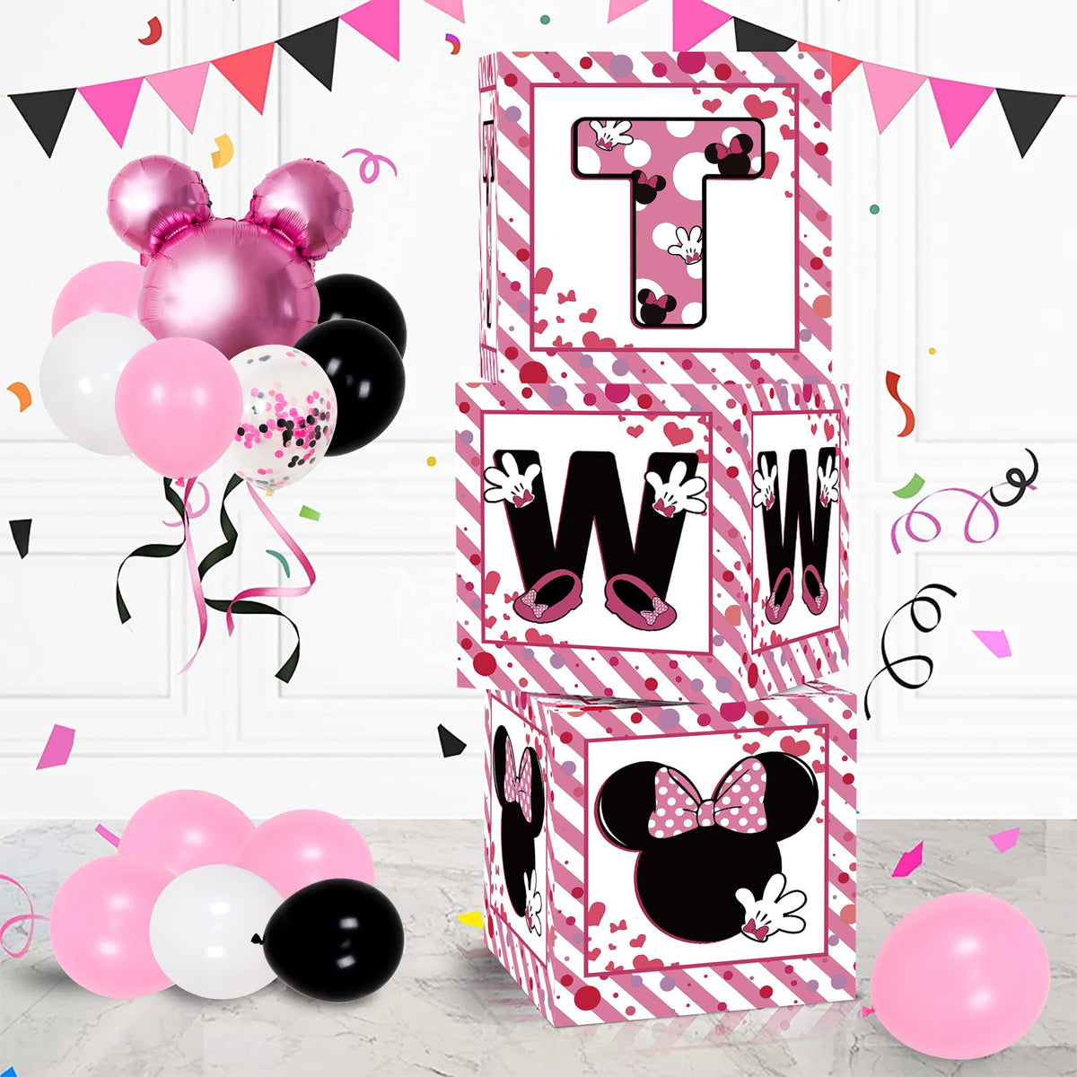 Melofaver pink mouse themed balloon boxes kit for vibrant two-year-old birthday decor.