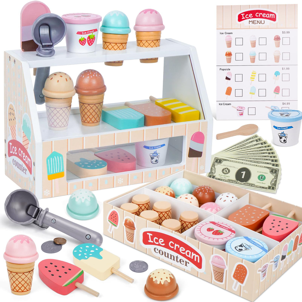 Melofaver wooden ice cream counter setup for imaginative play and learning.