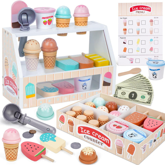 Melofaver wooden ice cream counter setup for imaginative play and learning.