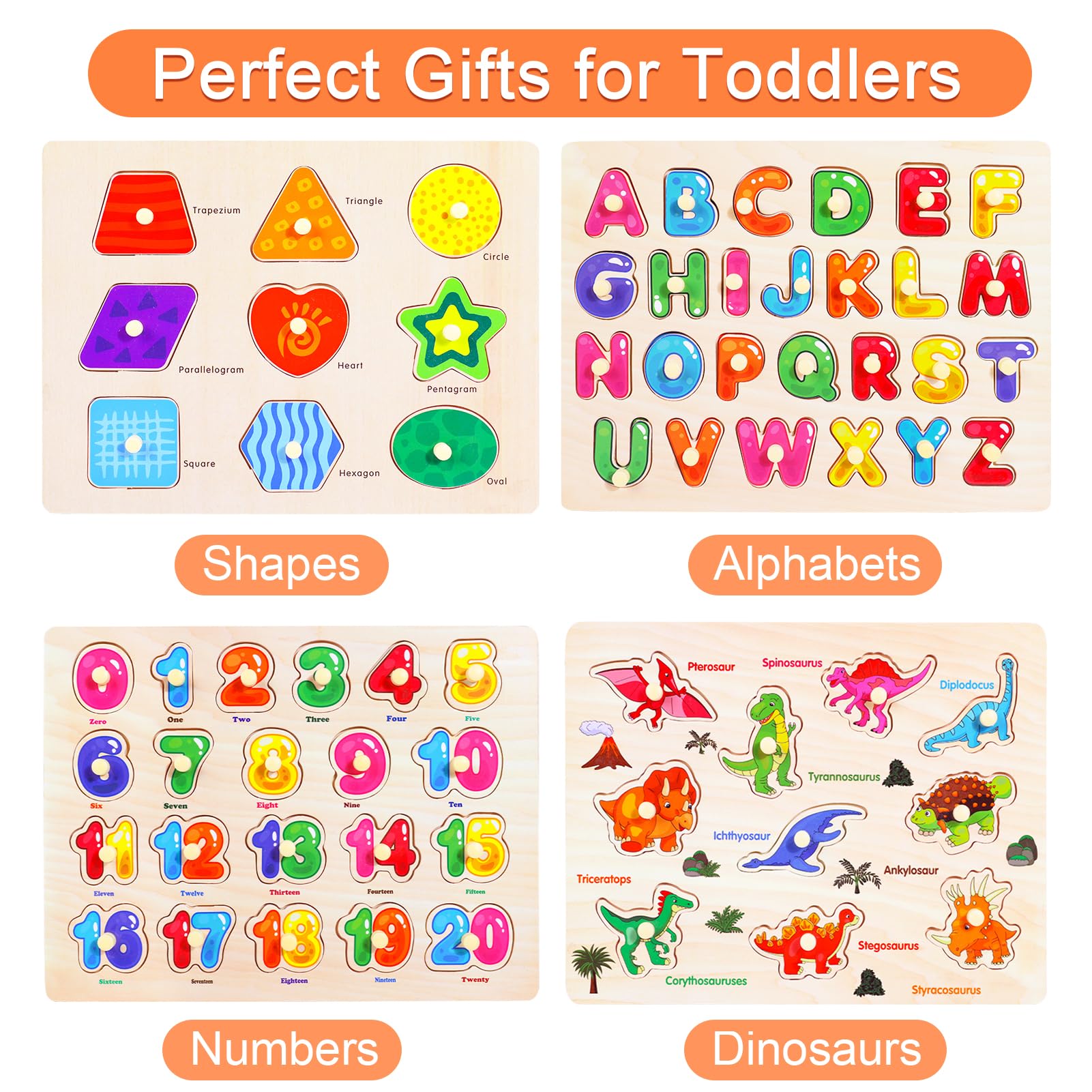 Melofaver wooden puzzle pegs promote easy grasp and fine motor development.
