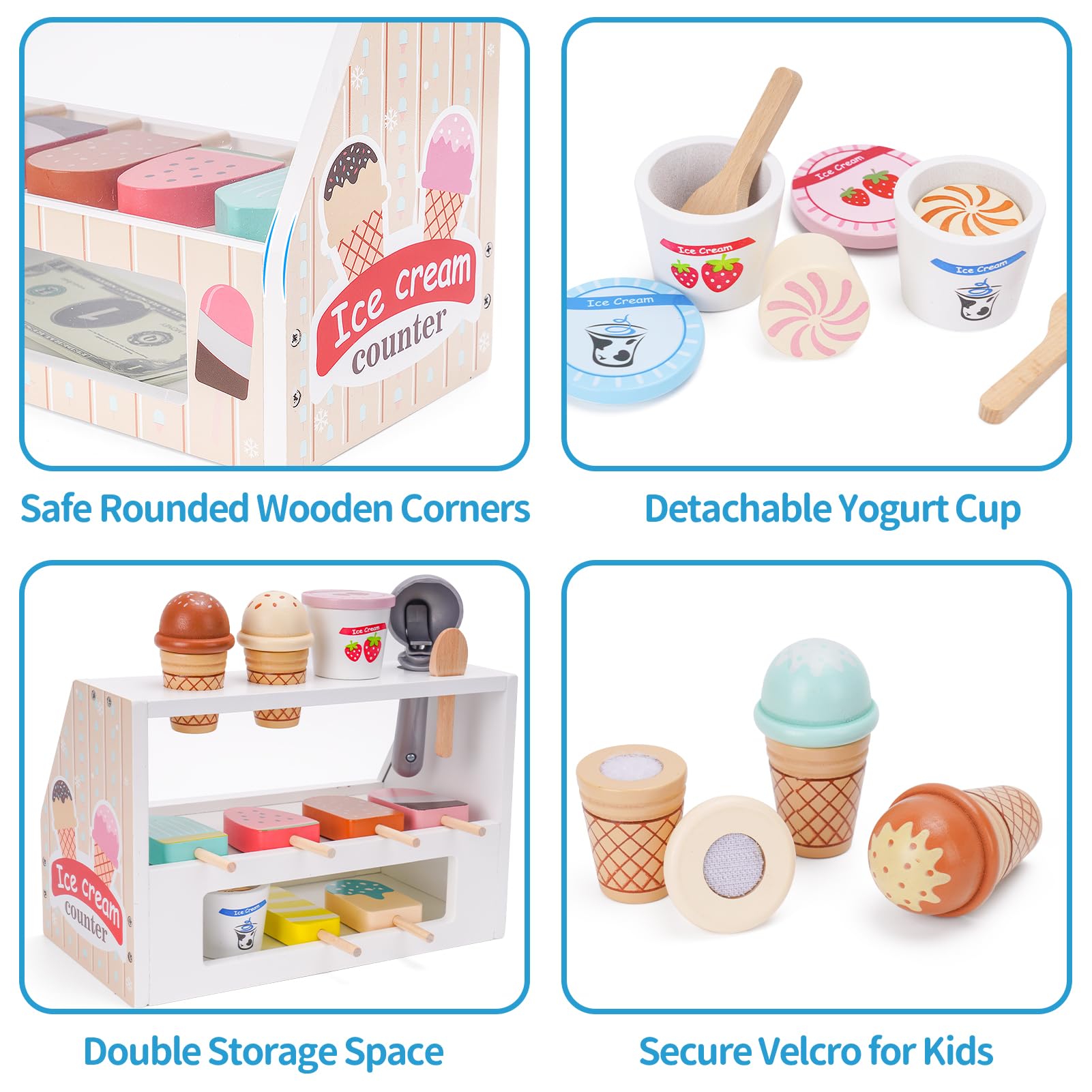 Wooden scoop and spoons support fine motor play with Melofaver.