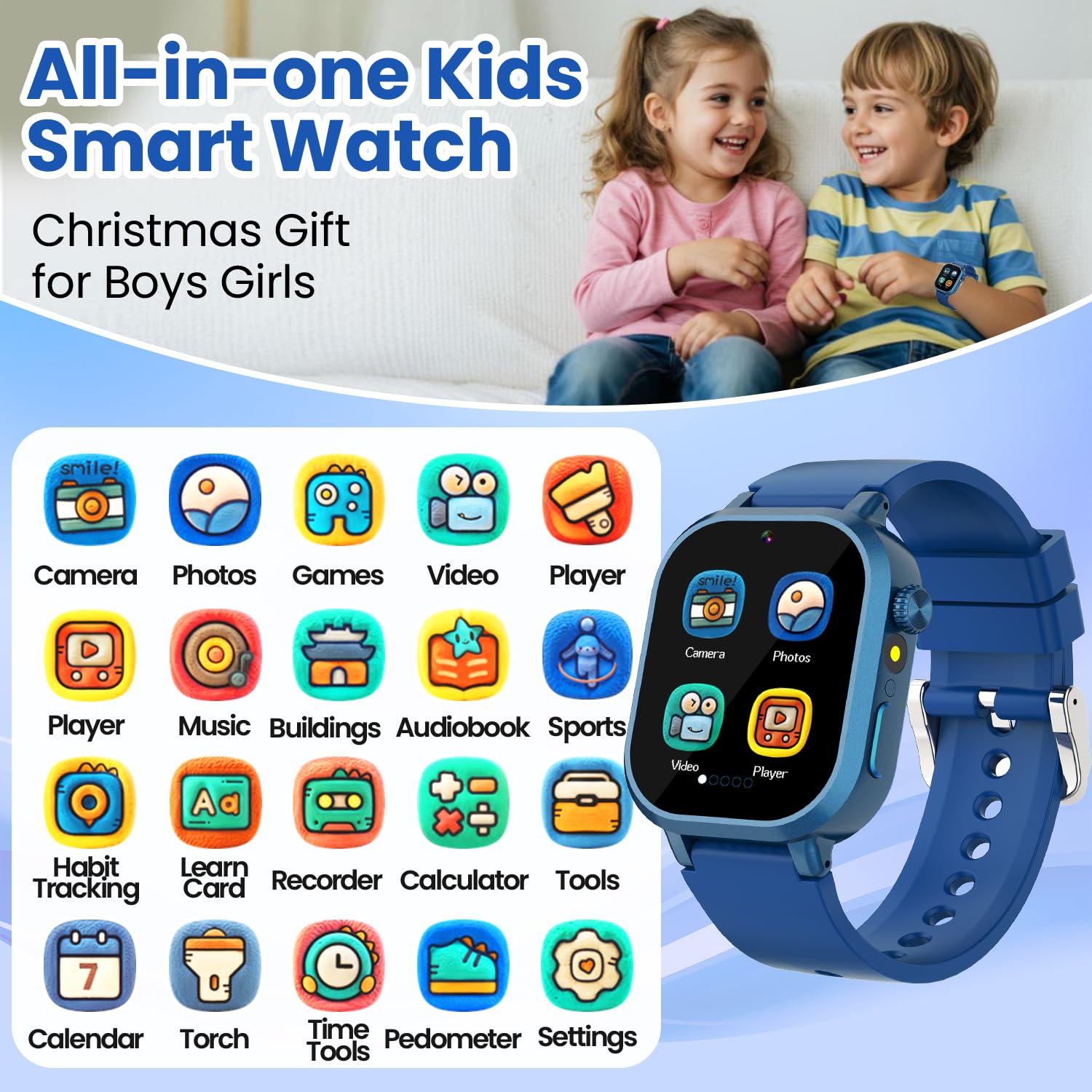 Melontti waterproof kids smartwatch blue side view with ergonomic strap.