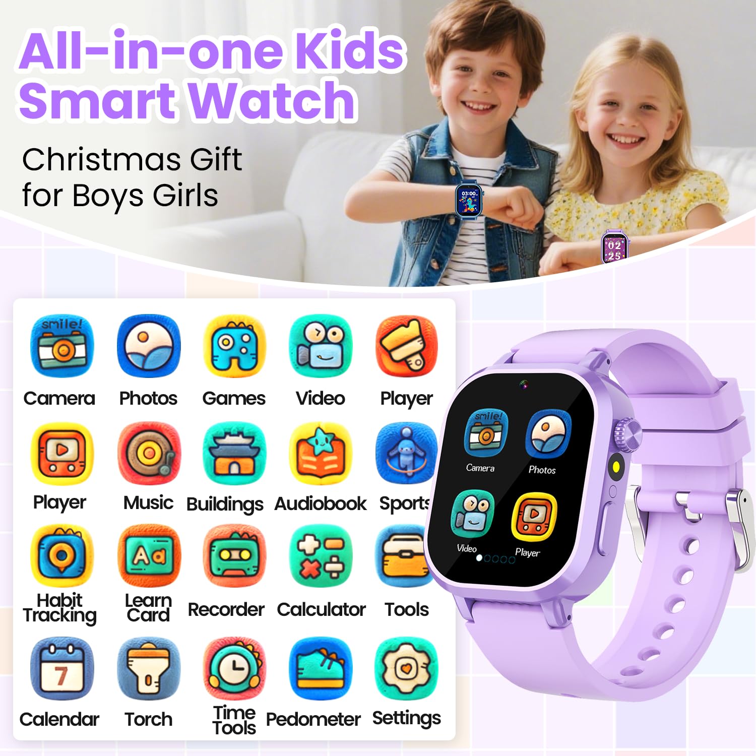 Melontti kids smartwatch purple side view highlighting rugged aluminum frame for long-lasting days