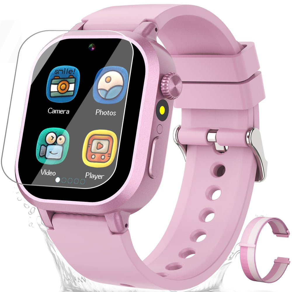 Melontti waterproof kids smartwatch pink front view showing overall design and durability.