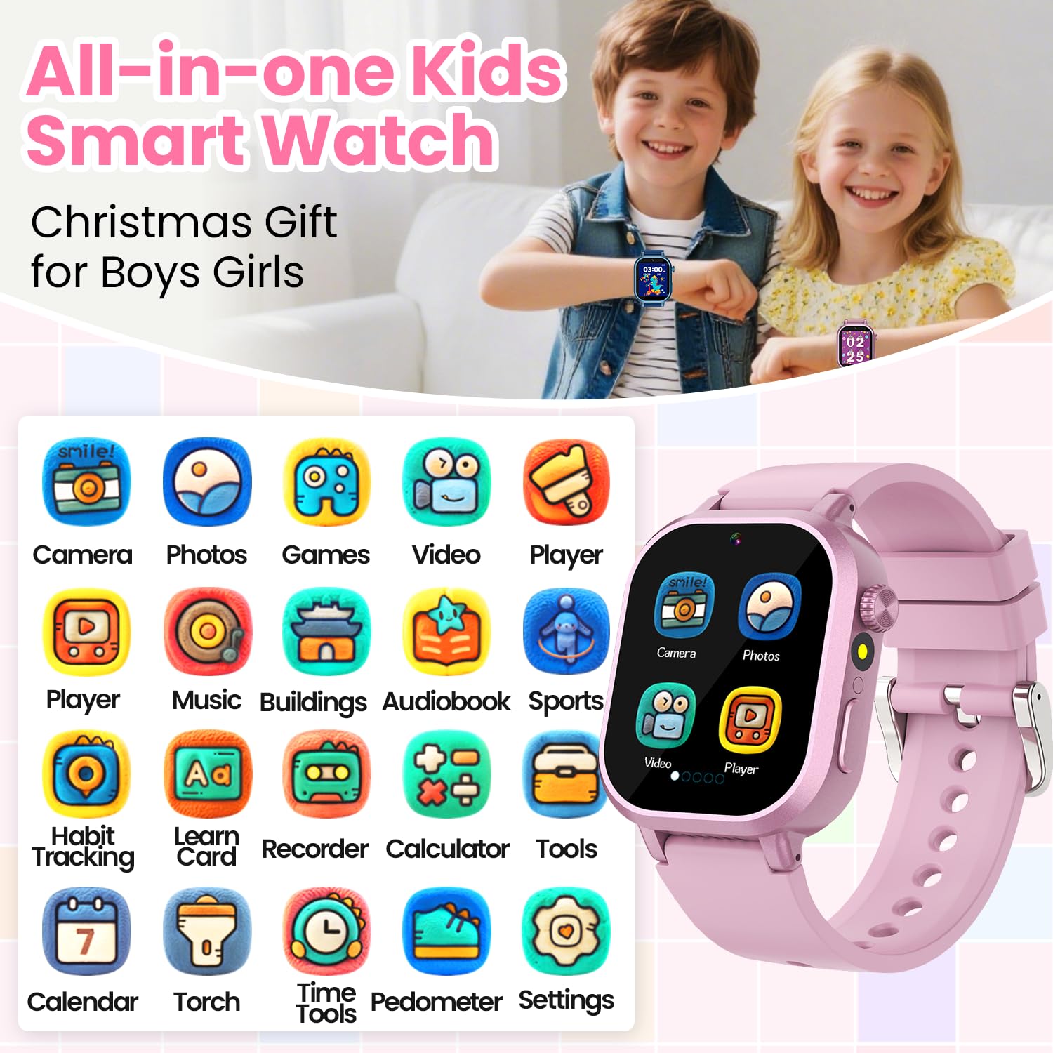 Melontti pink smartwatch side angle highlighting robust build for active kids.