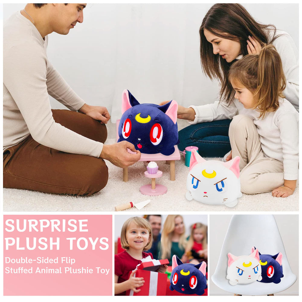 Memall cat plush toy in a cozy bedroom setting for decor.