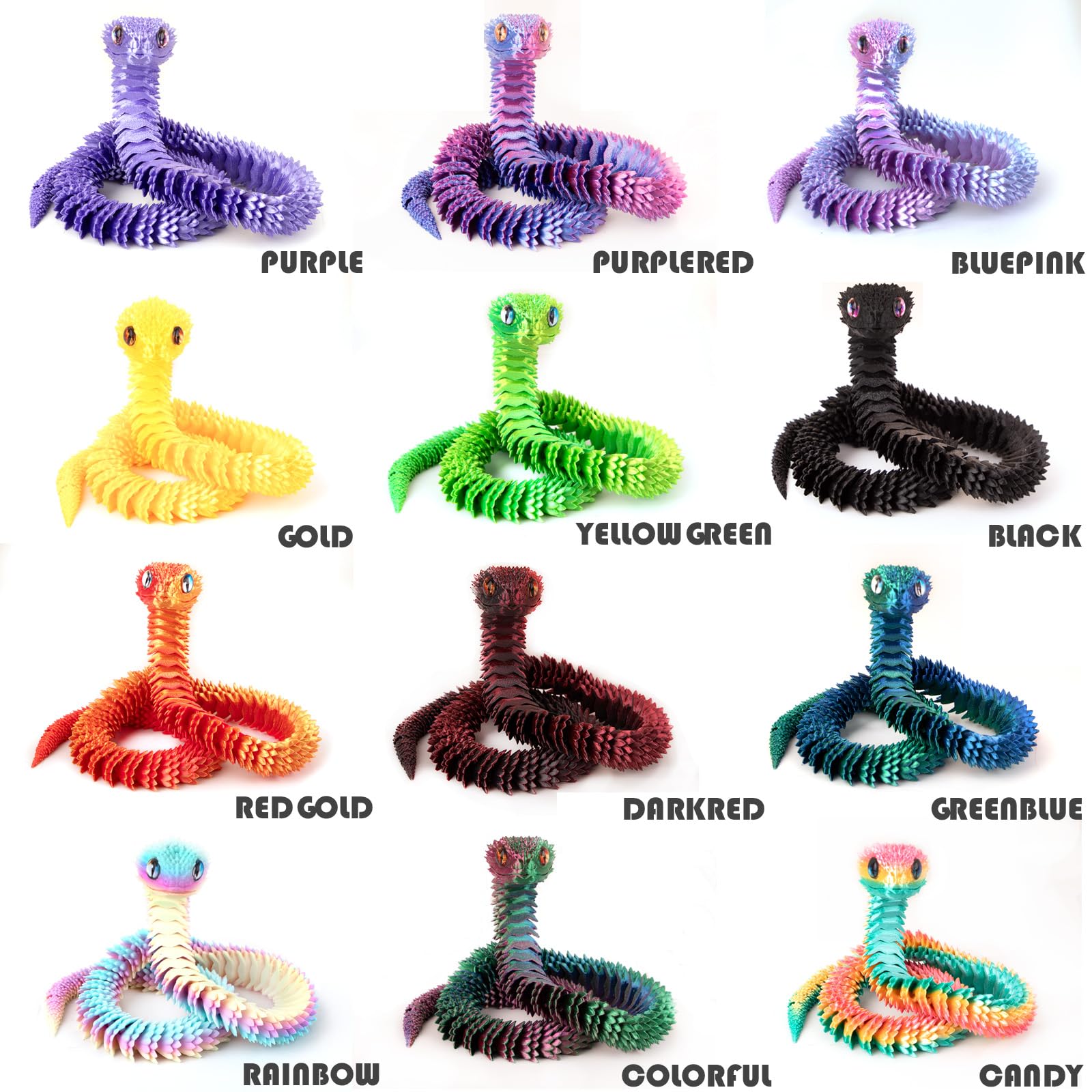 Memogizz colorful 3D printed snake showcasing 13 color options.