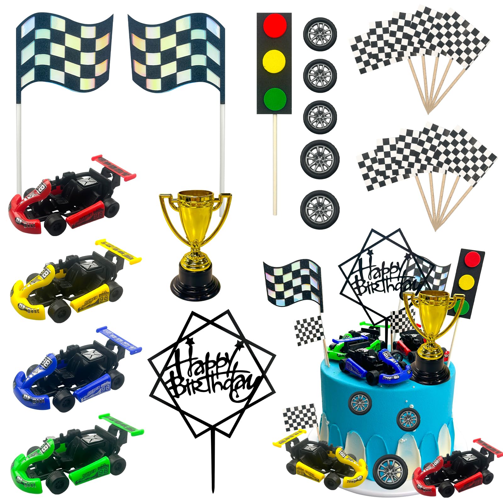 MEMOVAN racing car cake toppers four pieces for dynamic cake decoration