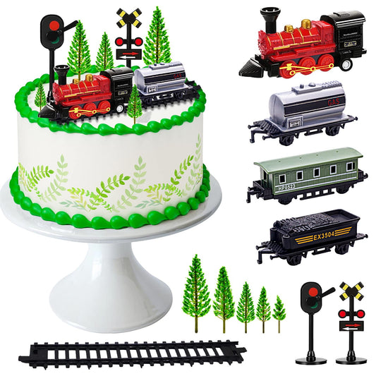 MEMOVAN train cake toppers collection on a birthday cake for a railway theme.