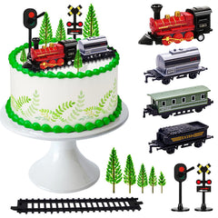 MEMOVAN train cake toppers collection on a birthday cake for a railway theme.