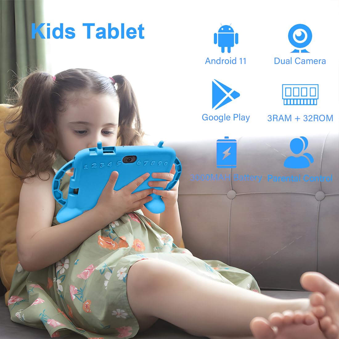 MengDash Kids Tablet 7-inch side view, slim and portable for travel.