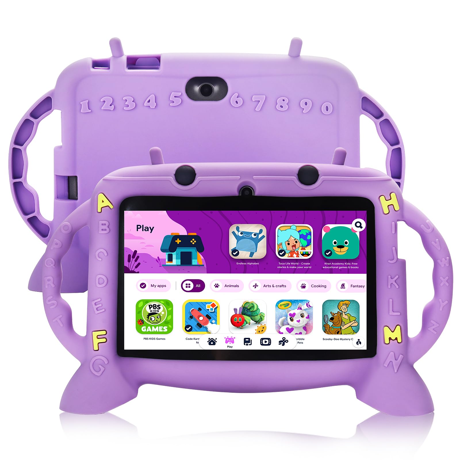 MengDash Kids Tablet 7in front view in purple, kid-friendly design for learning on the go.