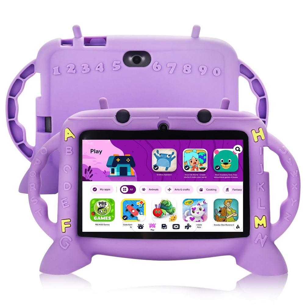 MengDash Kids Tablet 7in front view in purple, kid-friendly design for learning on the go.