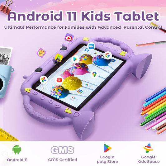 MengDash Kids Tablet 7in HD display showcasing bright colors for videos and apps.