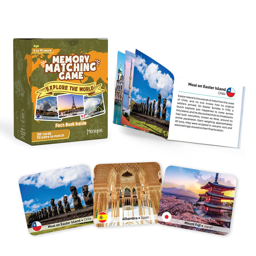 Menique Explore The World Memory Game with landmarks boosts family geography learning.