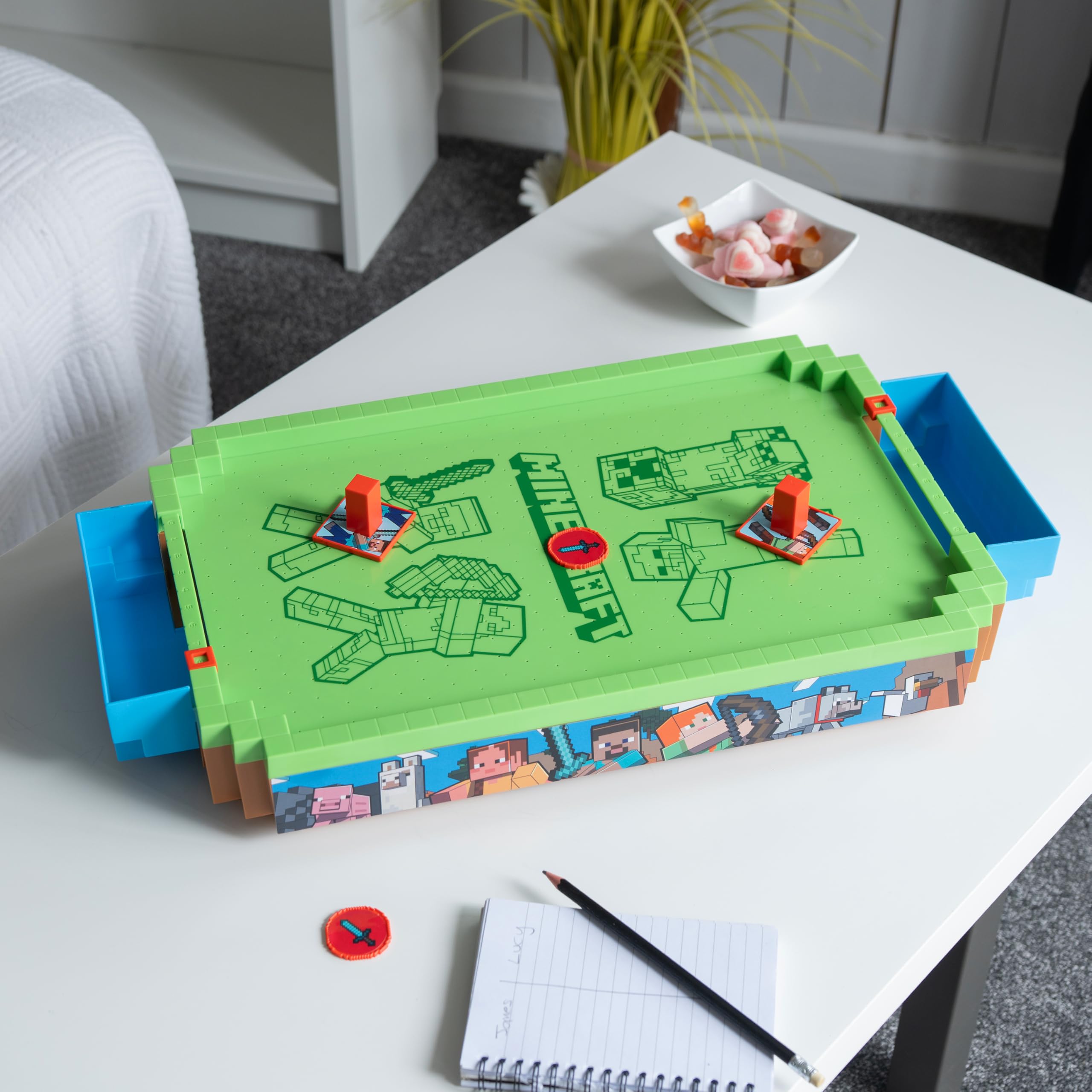 Menkind Minecraft Arcade Air Hockey Overworld puck-hovering action highlights arcade style at home.
