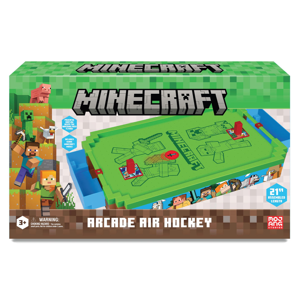 Menkind Minecraft Arcade Air Hockey Overworld customizable pushers let players switch characters.