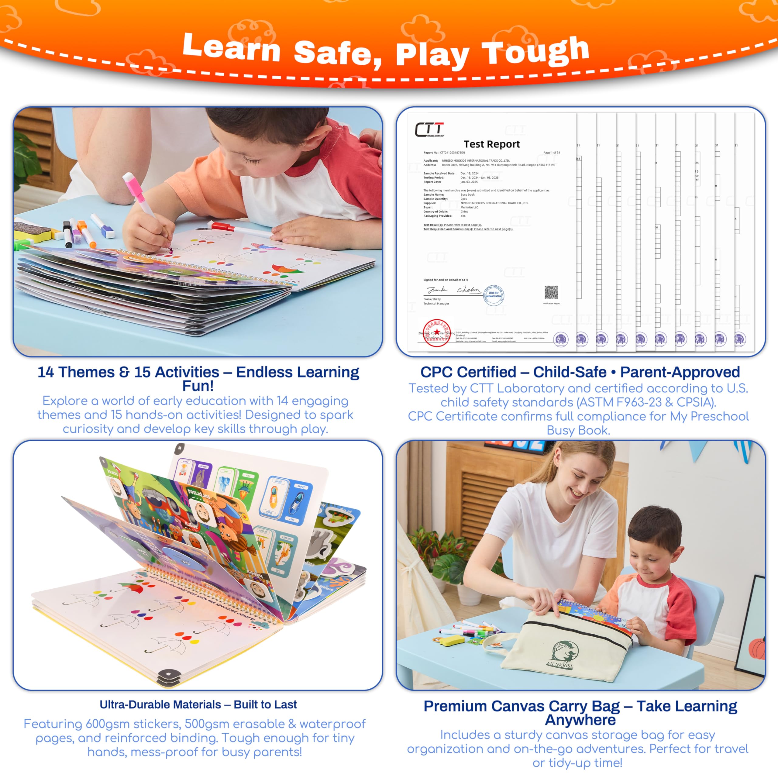 Wipe-clean pages of MENKRISE Busy Book enable repeated, mess-free learning