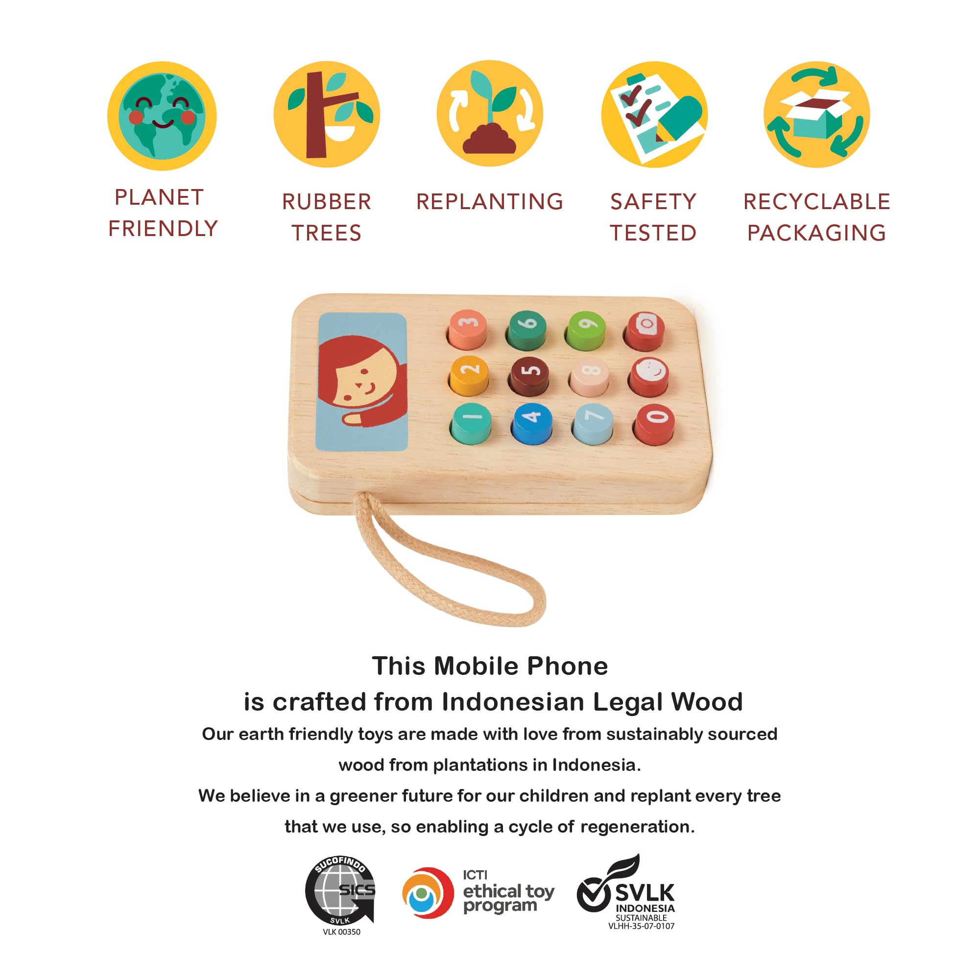 Mentari durable toy crafted from rubber-tree wood uses non-toxic finishes for safe play.