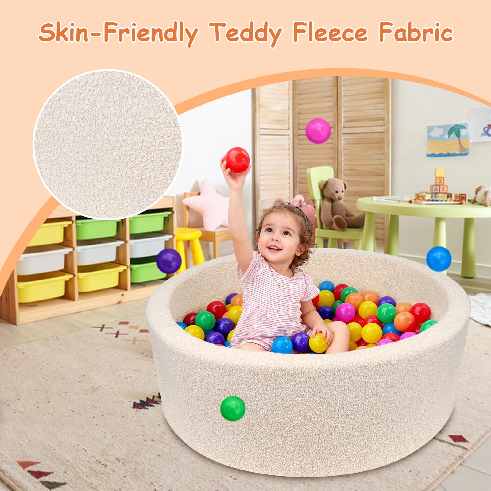 MEOGETY ball pit dimensions demo showing compact safety play space.