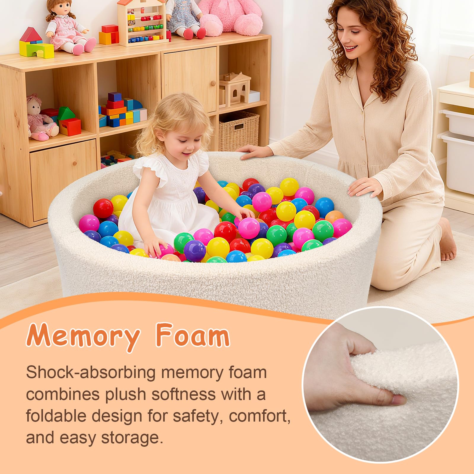 MEOGETY foam ball pit used as a home photo prop in living room.