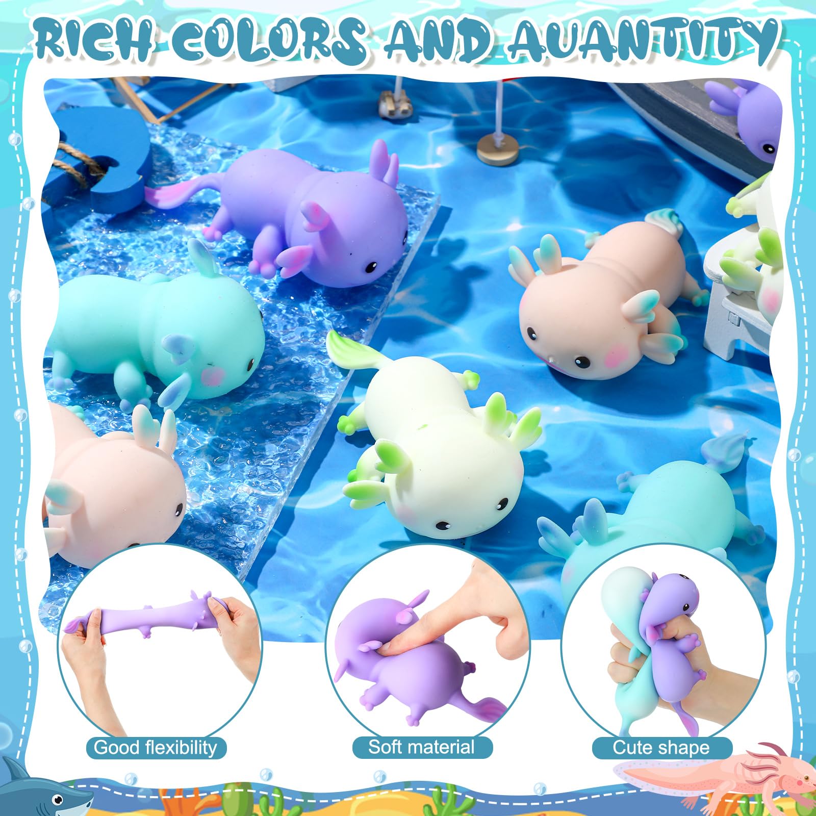Meooeck axolotl toy party favors, perfect stocking stuffers and gift ideas.