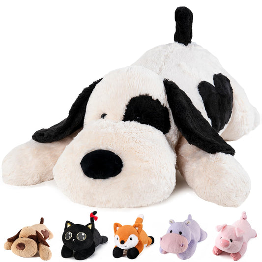 Meowtastic weighted black and white dog plush ready for cozy snuggles and warmth.