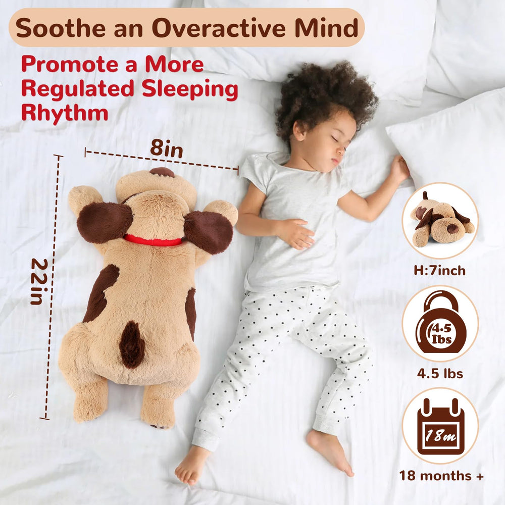 Meowtastic brown dog weighted plush pillow 4.5 lb supports comforting nighttime routines.