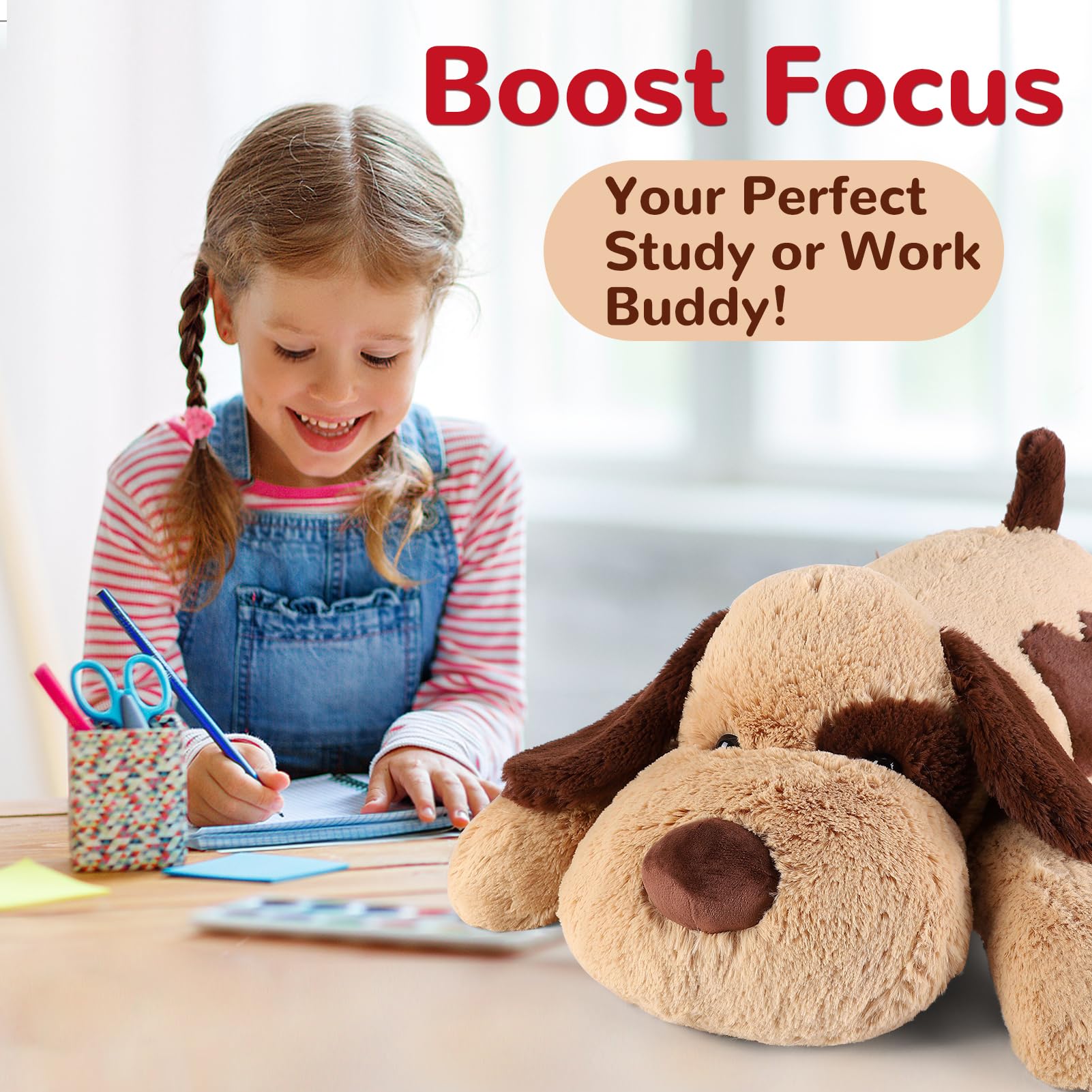 Meowtastic brown dog weighted snuggle pillow 22 inch for desk and couch.