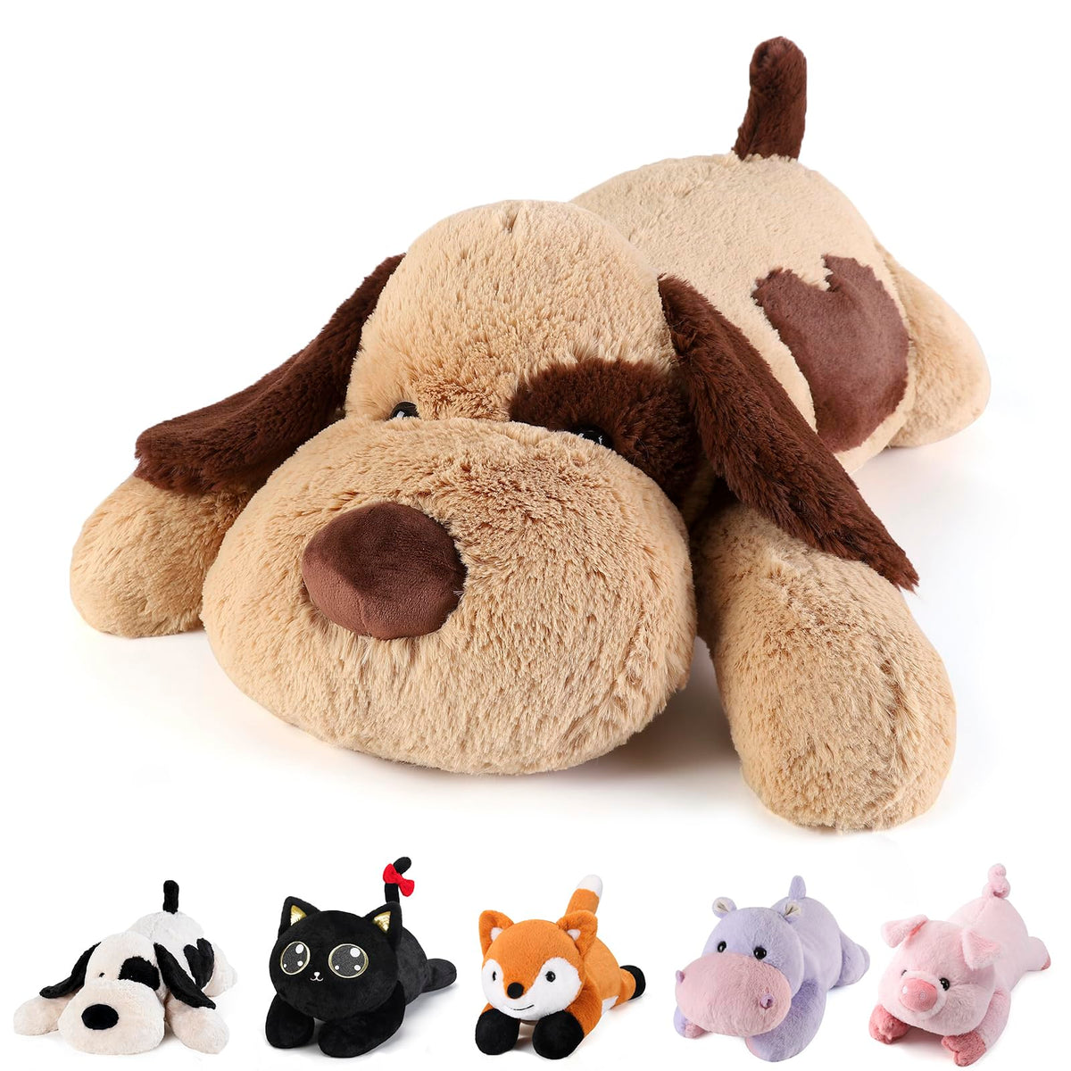 Meowtastic brown dog weighted stuffed animal, front view, ideal for comforting snuggles and cozy evenings.
