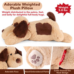 Meowtastic brown dog weighted stuffed animal, side view, a plush companion for bedtime comfort.