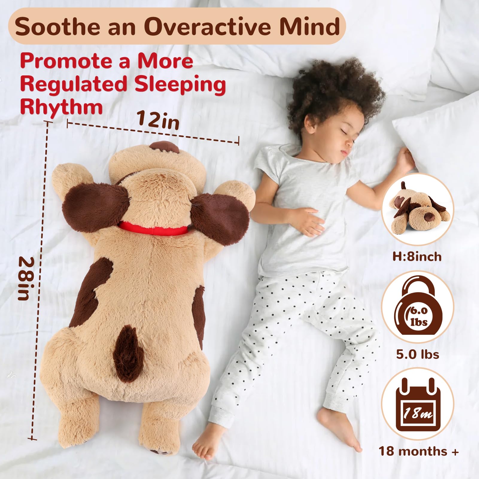 Meowtastic brown dog weighted stuffed animal, soft plush material, inviting warmth for cozy evenings.
