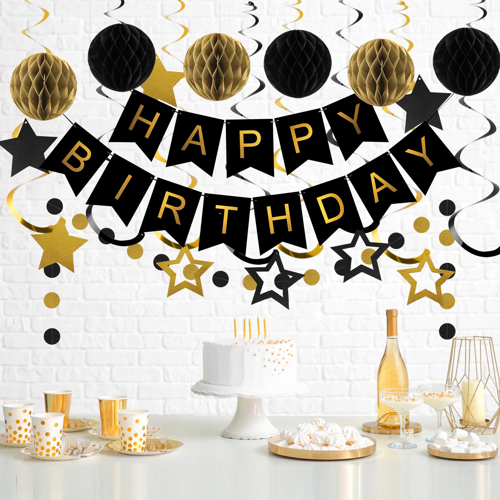 Meowtastic Honeycomb Balls in gold and black create a shimmering focal point.