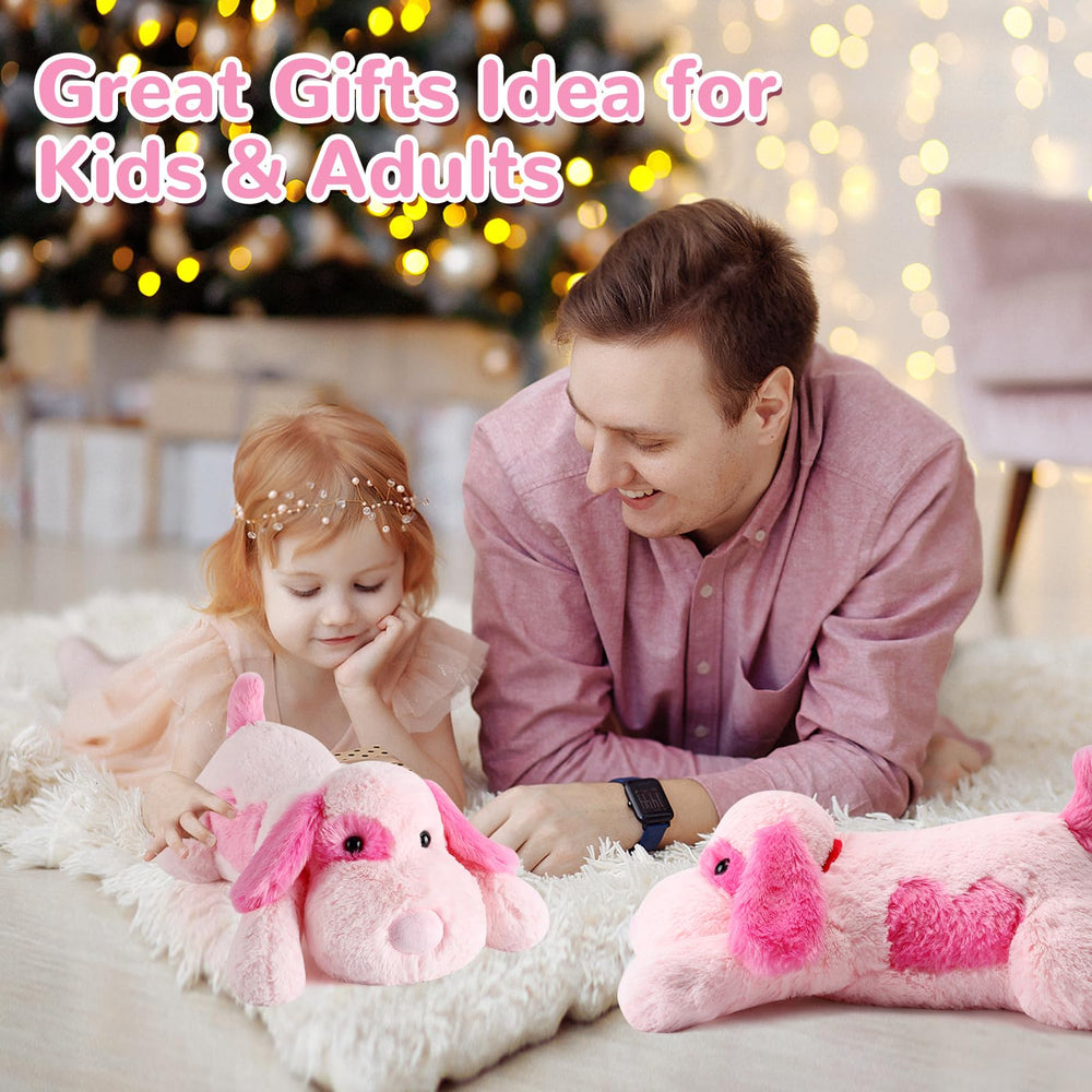 Meowtastic pink dog weighted plush used as a plush pillow for relaxation.