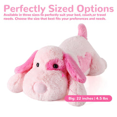 Meowtastic pink dog weighted plush face features inviting expression for calming snuggles.