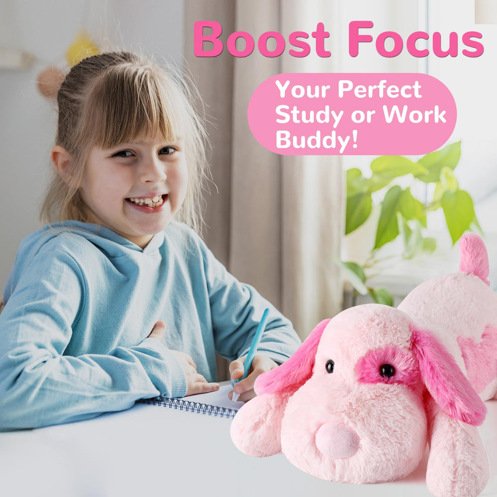 Meowtastic pink dog weighted plush ideal for kids' and adults' cozy gifts.
