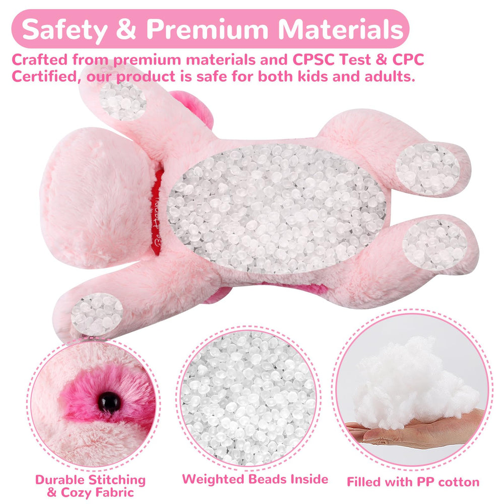 Meowtastic pink dog weighted plush presented as a soft, durable bedtime companion.
