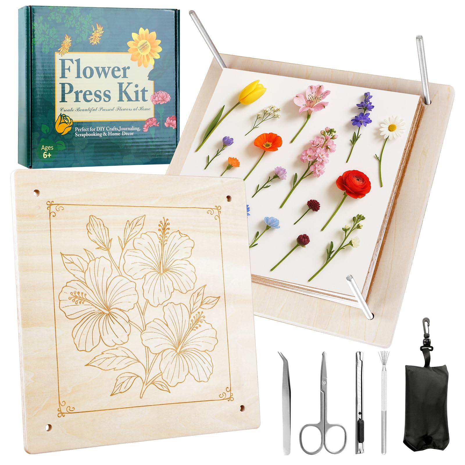 MeRGBWLife flower press 11x11 wooden frame showing large blooms ready to dry.