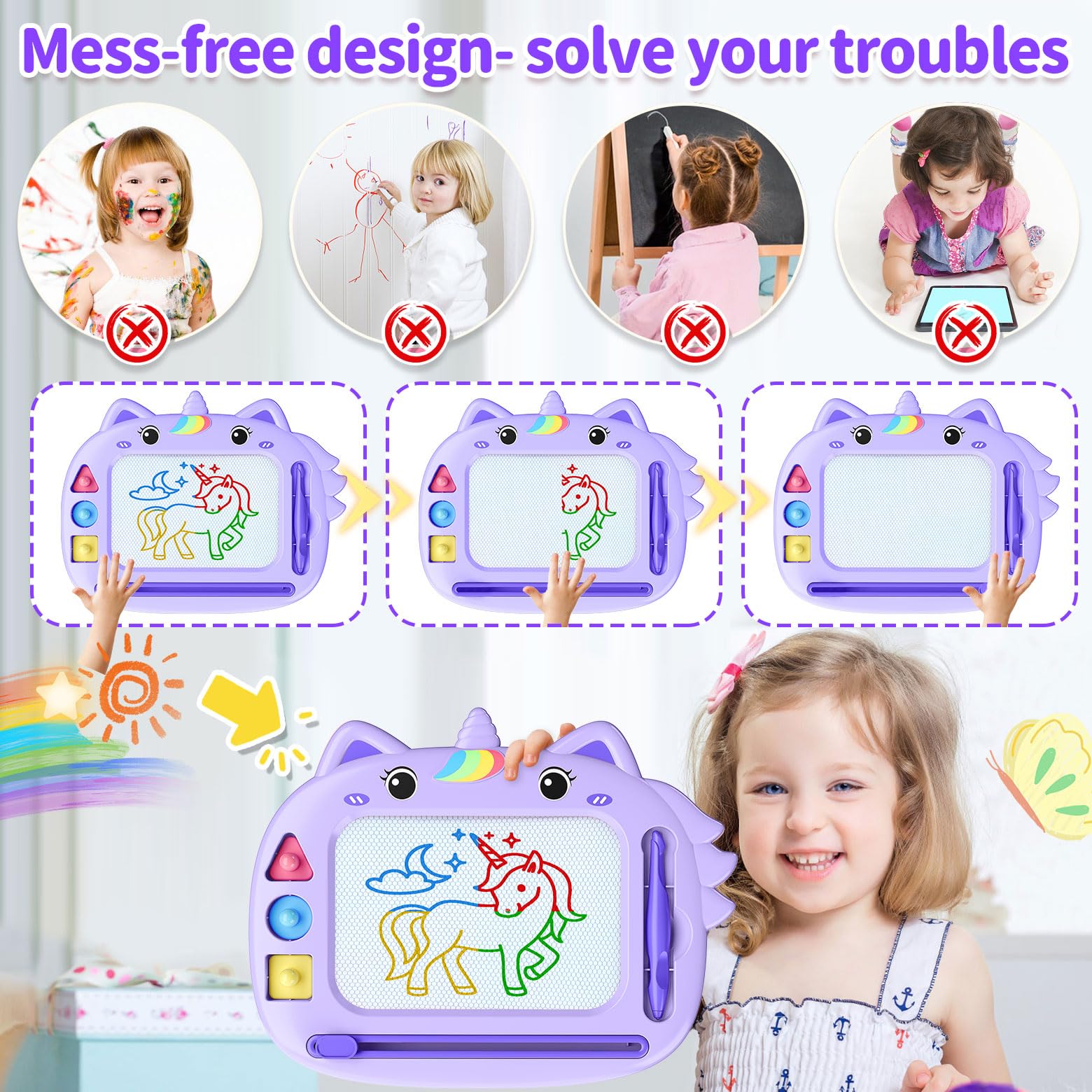 MERGUEZ unicorn board includes three stamps for guided shapes.