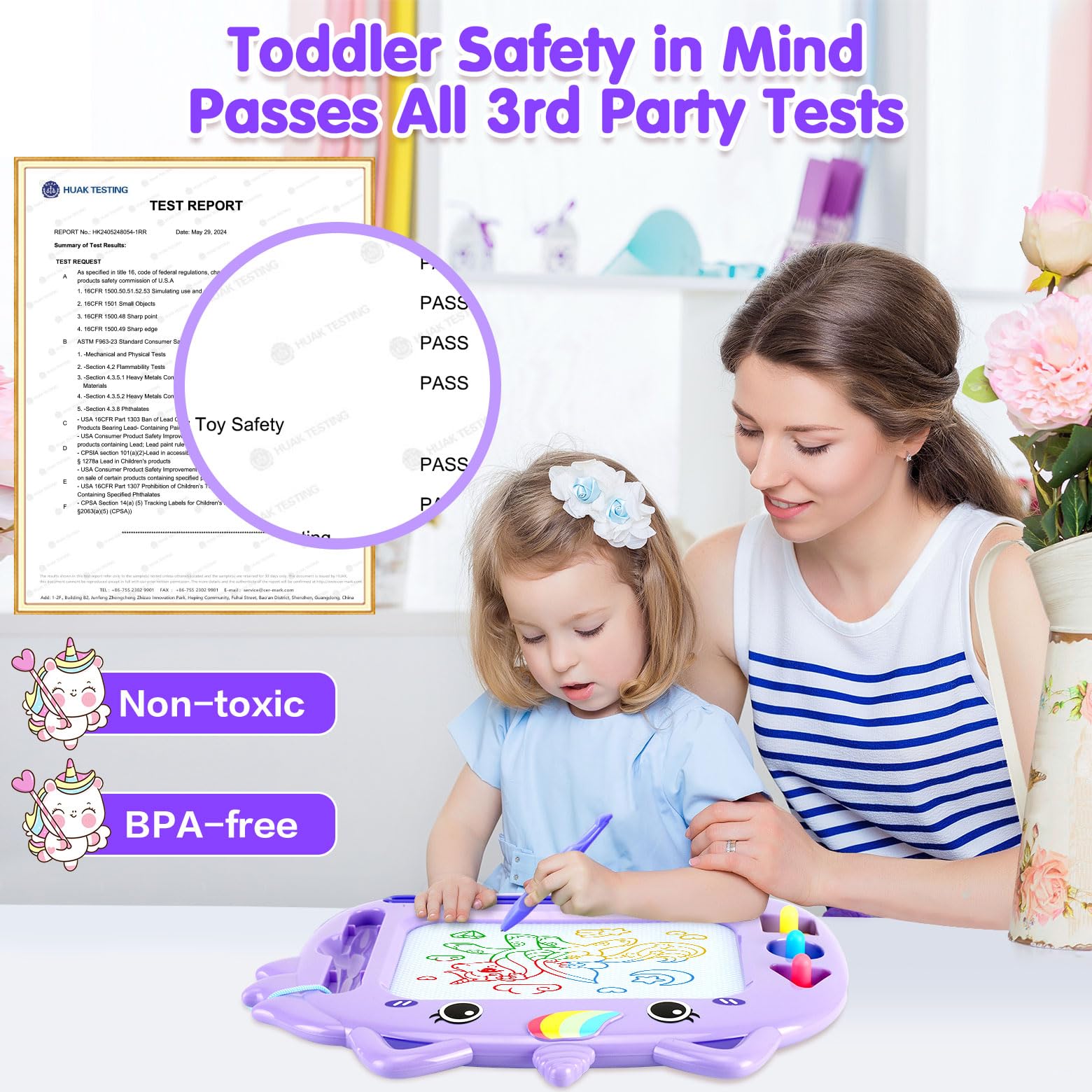 MERGUEZ Unicorn magnetic doodle board with left-hand friendly stylus and stamps boosts early writing skills.
