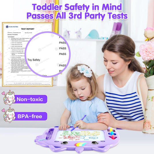 MERGUEZ Unicorn magnetic doodle board with left-hand friendly stylus and stamps boosts early writing skills.