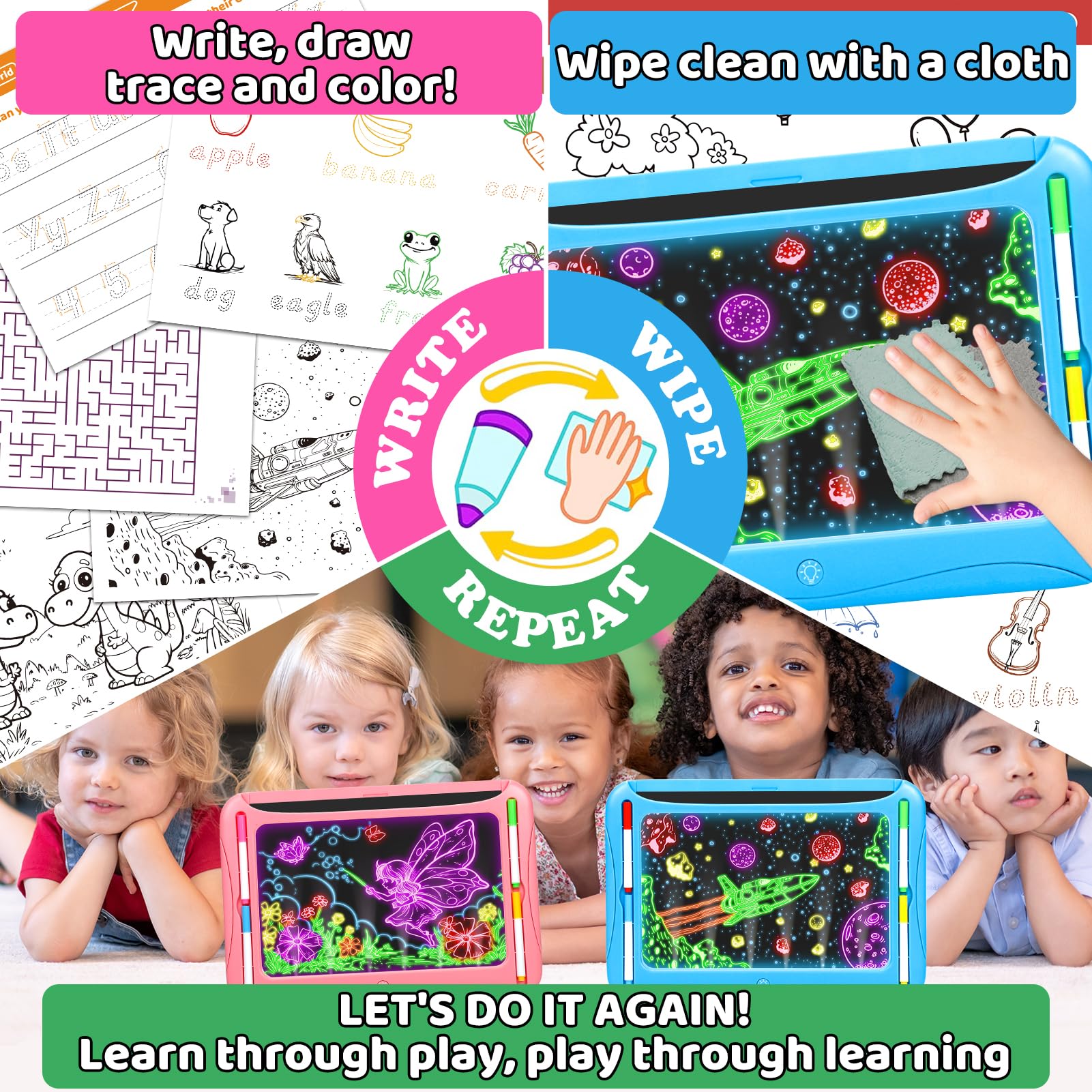 MERGUEZ washable markers provide vibrant neon colors for drawing.