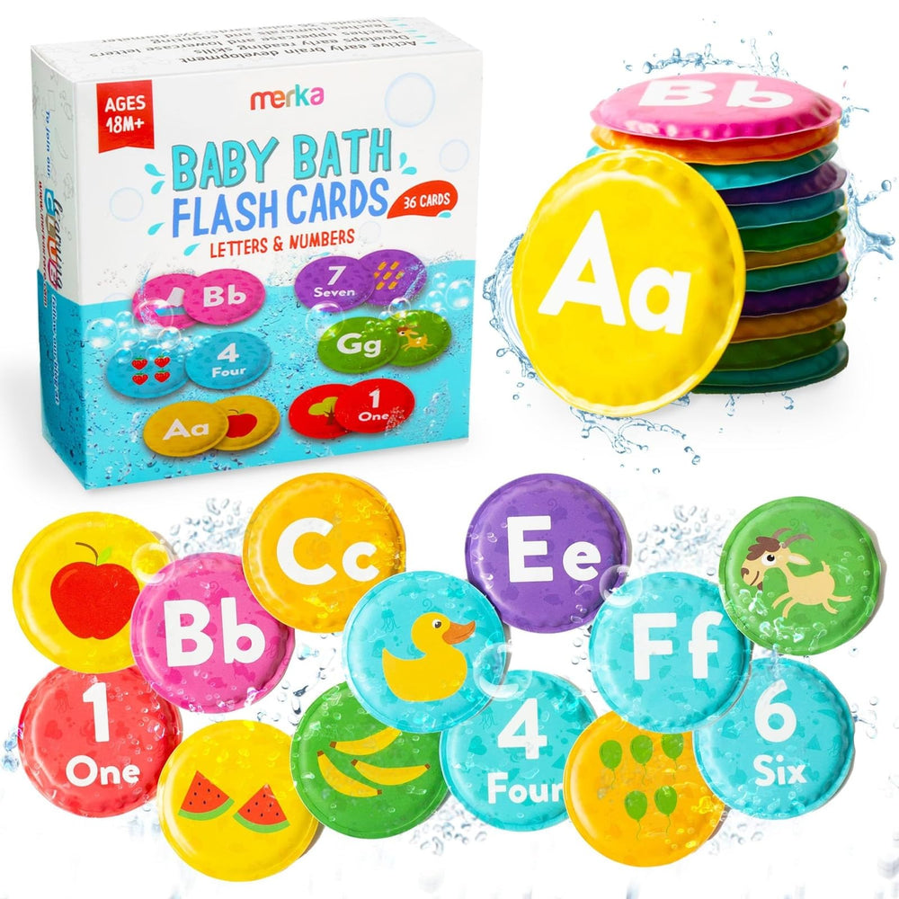 Merka Bath Toys Flash Cards: colorful foam alphabet letters for bath learning and early literacy.