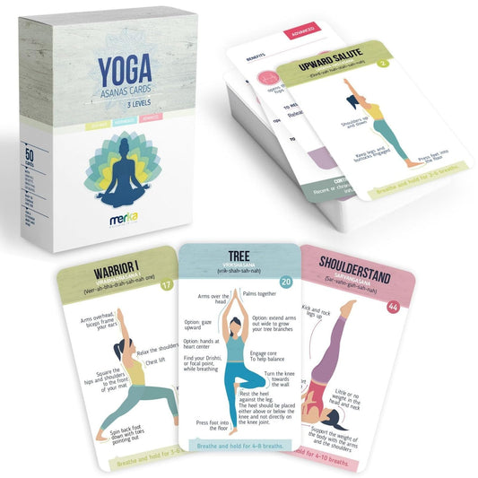 Merka Yoga Cards deck spread shows 50 poses for quick practice prompts.