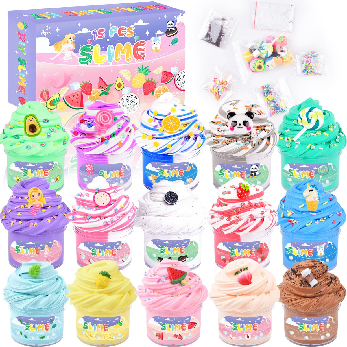MERMAIDSLIME butter slime kit with fruit charms for creative play and colorful visuals.