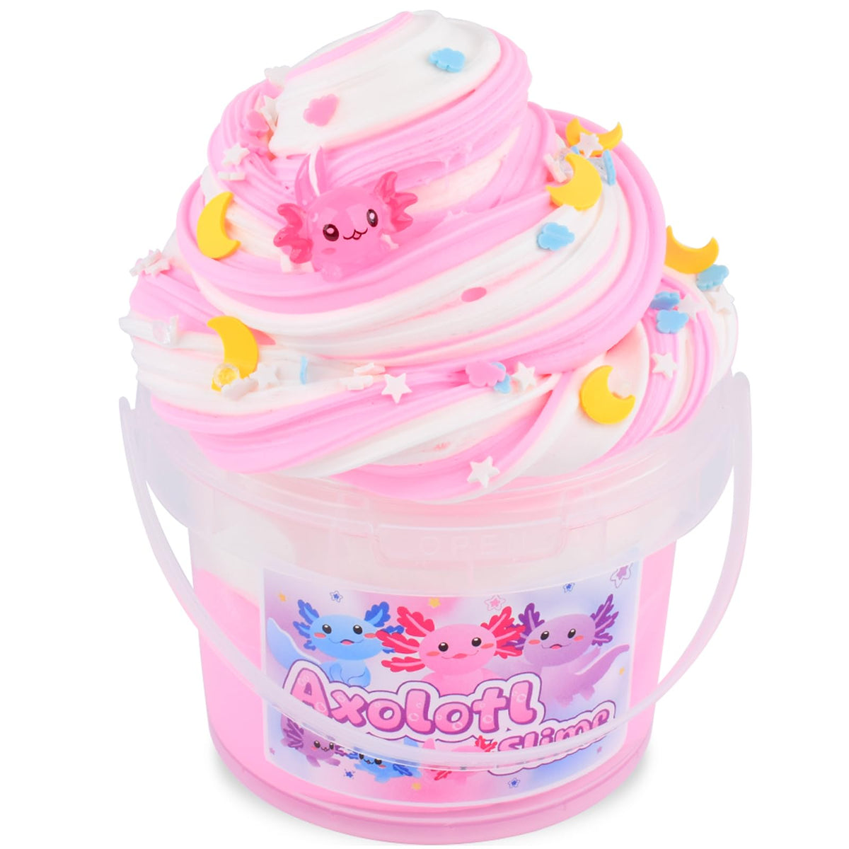 MERMAIDSLIME Pink Axolotl Butter Slime bucket shows two-tone texture for sensory play.